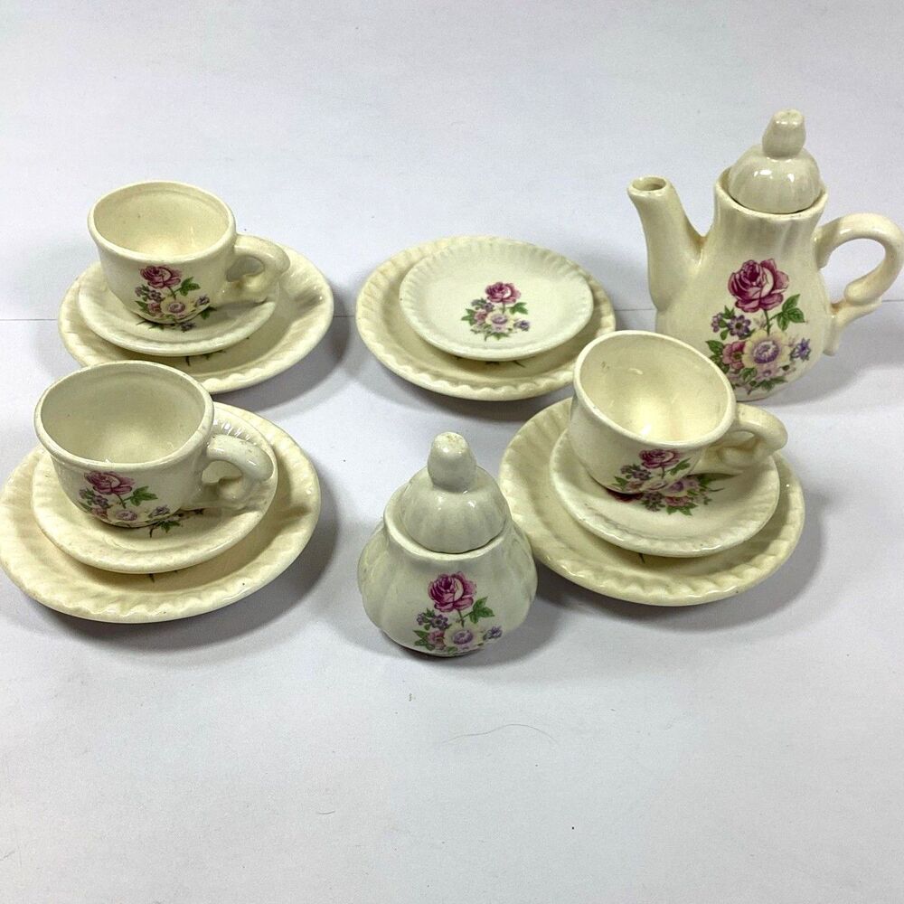 Vintage Miniature Porcelain Tea Set Floral Pattern 15 Piece 2" - 4"
